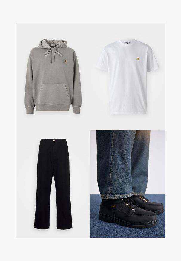 Lysegrå Carhartt pullover-hoodie med frontlommer, snøre i hætten, ribstrikkede manchetter og lille brandlogo på brystet.; Hvid bomulds t-shirt med korte ærmer, rund hals og et lille guld logo på venstre brystområde. Blød tekstur og almindelig pasform.; Sorte bukser lavet af tungt stof, med lige ben-design, forlommer, lynlås og en enkelt metallisk knaplukning.; Sorte lædersko med guldøjer og en struktureret finish, parret med blå denimjeans. Skoene har en lagdelt sål og brandingdetaljer.