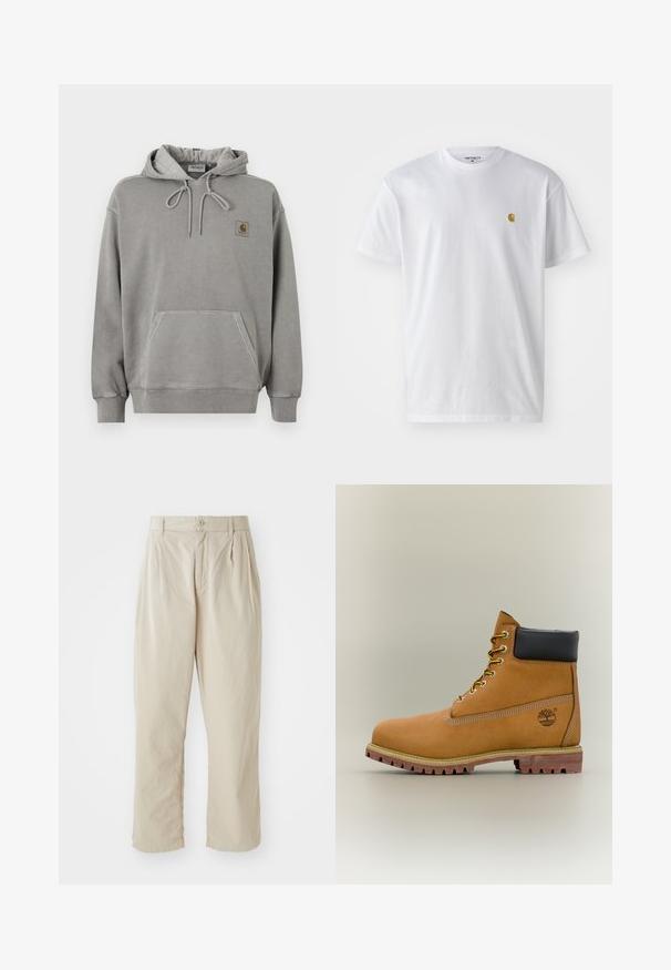 Lysegrå Carhartt pullover-hoodie med frontlommer, snøre i hætten, ribstrikkede manchetter og lille brandlogo på brystet.; Hvid bomulds t-shirt med korte ærmer, rund hals og et lille guld logo på venstre brystområde. Blød tekstur og almindelig pasform.; Beige, lette bukser med en afslappet pasform, indsyede folder foran, knaplukning og opbrettede kanter. Glat tekstur, minimalistisk design.; Brun læderankelstøvle med sort krave, gule snørebånd og tanfarvet sål. Har logo og hvide syninger som detalje. Robust ydersål med greb.