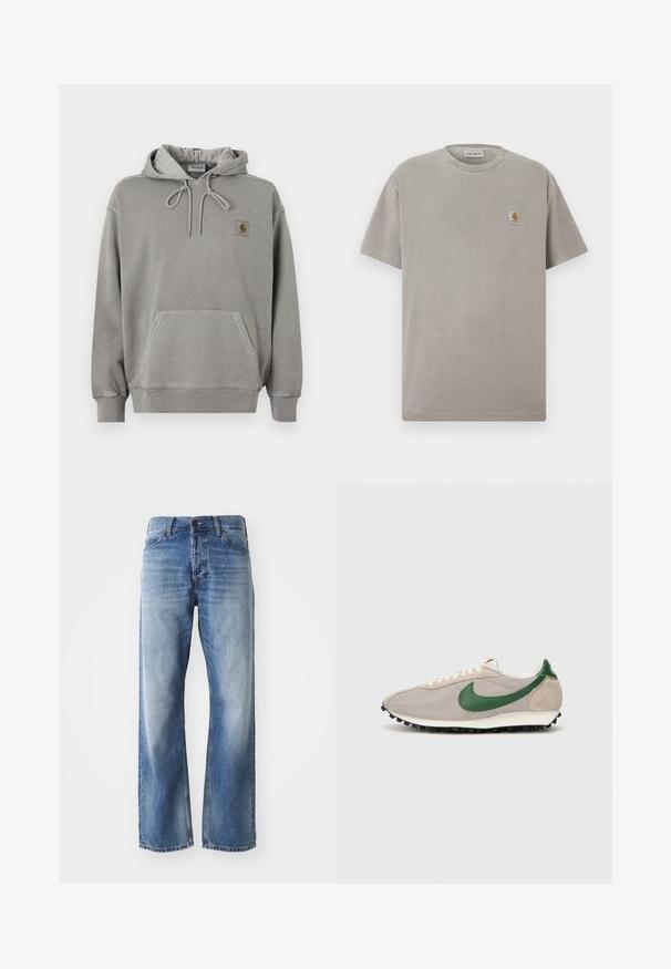 Lichtgrijze Carhartt pullover hoodie met voorzak, capuchon met trekkoord, geribbelde manchetten en klein merklogo op de borst.; Grijs katoenen T-shirt met korte mouwen, ronde hals en een klein vierkant logo op de linkerborst. Glad oppervlak en een comfortabele, losse pasvorm.; Blauwe denim straight-leg jeans met lichte vervaging op de dijen en knieën, met vijf zakken en een knoopsluiting.; Beige hardloopschoenen met groene suède accenten, een gestructureerde mesh bovenzijde, crèmekleurige veters en een zwarte rubberen zool met gripnoppen.