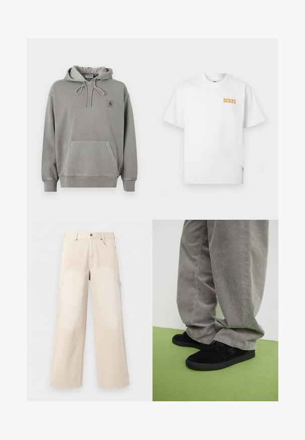 Sudadera con capucha Carhartt gris claro, con bolsillo frontal tipo canguro, capucha con cordón, puños acanalados y pequeño logo de la marca en el pecho.; Camiseta blanca de manga corta con cuello redondo y pequeño logo naranja "DICKIES" en la parte superior del lado izquierdo del pecho.; Pantalones beige de pierna ancha con bolsillos delanteros, cierre de botón y trabillas para cinturón, mostrados sobre un fondo blanco liso.; Zapatillas de skate de ante negro con un acabado texturizado y un logo, combinadas con pantalones de pana gris con una textura acanalada. Superficie del suelo en verde.