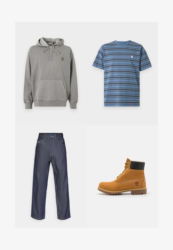 Sudadera con capucha Carhartt gris claro, con bolsillo frontal tipo canguro, capucha con cordón, puños acanalados y pequeño logo de la marca en el pecho.; Camiseta azul de manga corta con rayas horizontales negras y blancas y un pequeño logotipo blanco en el pecho izquierdo.; Vaqueros anchos de un oscuro azul en tela de mezclilla con costuras en blanco. Cuenta con cinco bolsillos y un pequeño parche de logo verde en la parte frontal.; Botín de cuero marrón con ojales de metal, forro de piel sintética blanca, cuello acolchado negro, suela resistente y logotipo en relieve en el costado.