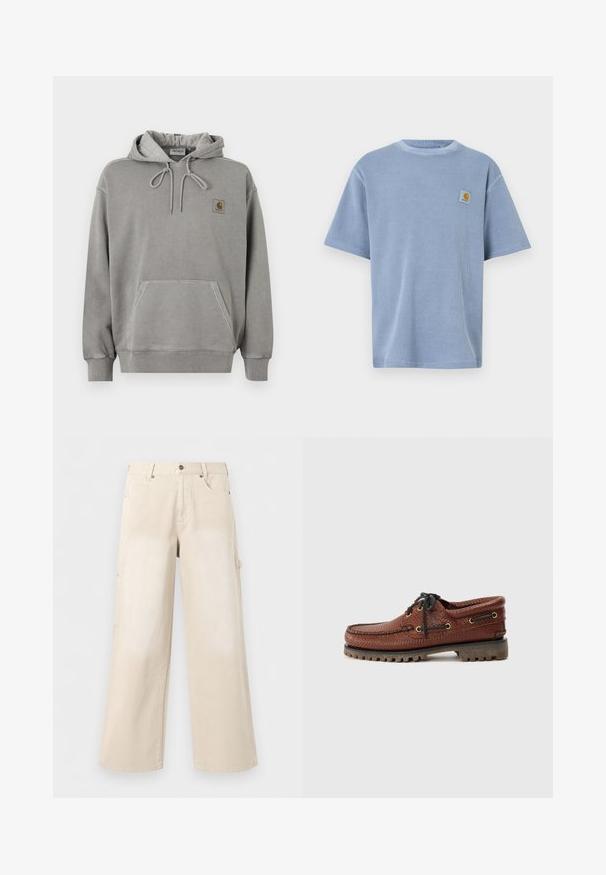 Sweat à capuche Carhartt gris clair avec poche ventrale kangourou, capuche à cordon, poignets côtelés et petit logo de la marque sur la poitrine.; T-shirt bleu clair à manches courtes avec un motif côtelé texturé et un patch logo brodé sur la poitrine gauche. Encolure ronde.; Pantalon beige à jambes larges avec poches avant, fermeture par boutons et passants de ceinture, présenté sur un fond blanc uni.; Bateau en cuir marron avec une tige texturée, fermeture lacée noire et œillets dorés. Dispose d'une semelle en caoutchouc durcie et striée.