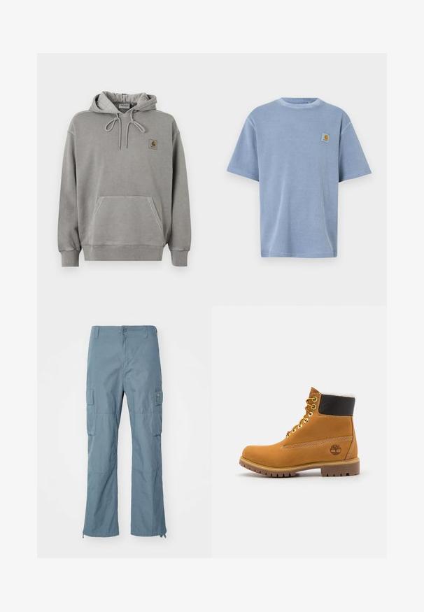 Ανοιχτό γκρι φούτερ Carhartt με κουκούλα, μπροστινή τσέπη καγκουρό, κορδόνι στην κουκούλα, ριμπ μανσέτες και μικρό λογότυπο της μάρκας στο στήθος.; Ανοιχτό μπλε κοντομάνικο μπλουζάκι με υφή ριμπ και κεντημένο λογότυπο στο αριστερό στήθος. Στρογγυλή λαιμόκοψη.; Ανοιχτό μπλε cargo παντελόνι φτιαγμένο από ανθεκτικό ύφασμα. Χαρακτηριστικά περιλαμβάνουν τσέπες cargo, άνοιγμα ποδιού με φερμουάρ και κλείσιμο με κουμπί.; Καφέ δερμάτινο μποτάκι αστραγάλου με μεταλλικές υποδοχές, λευκή γούνινη επένδυση, μαύρο μαλακό περιλαίμιο, ανθεκτική σόλα και ανάγλυφο λογότυπο στο πλάι.