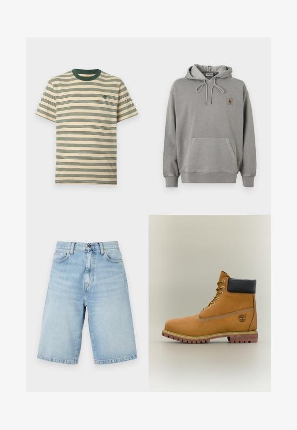 Ανοιχτό γκρι φούτερ Carhartt με κουκούλα, μπροστινή τσέπη καγκουρό, κορδόνι στην κουκούλα, ριμπ μανσέτες και μικρό λογότυπο της μάρκας στο στήθος.; Μπεζ μπλουζάκι με κοντά μανίκια και οριζόντιες σκούρες πράσινες ρίγες, με σκούρο πράσινο στρογγυλό γιακά και μικρό λογότυπο στο στήθος αριστερά.; Ανοικτό μπλε τζιν σορτς μήκους μέχρι το γόνατο με μπροστινές τσέπες, θηλιές για ζώνη και κούμπωμα με κουμπί.; Καφέ δερμάτινο μποτάκι αστραγάλου με μαύρο γιακά, κίτρινα κορδόνια και ταμπά σόλα. Διαθέτει λογότυπο και λευκή ραφή για λεπτομέρεια. Ανθεκτική εξωτερική σόλα με τραχύ πέλμα.