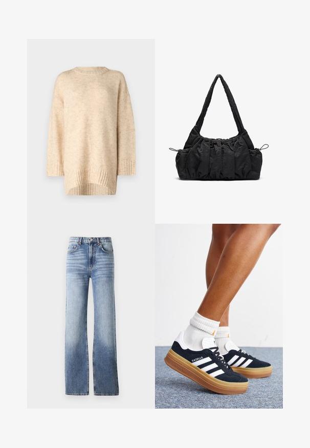 Beige strik sweater med ribbet rund hals, faldne skuldre og en længere rygkant. Blød tekstur med et subtilt mønster.; Lysblå denimjeans med høj talje, bred bukseben og subtilt slid. Har knaplukning og fem-lomme design.; Ben iført hvide sokker og sorte Adidas Gazelle sneakers med hvide striber og tykke brune såler på et gråt tæppe.; Sort stof handbag med samlede strukturer, to skulderremme og snorelukning i siderne. Glat, let materiale.