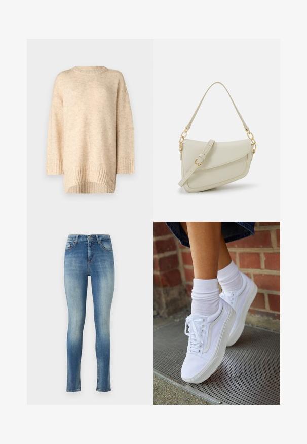 Suéter de punto beige con un cuello redondo acanalado, hombros caídos y un dobladillo trasero más largo. Textura suave con un patrón sutil.; Jeans ajustados en denim azul claro. Presentan una cintura de altura media, cinco bolsillos y un ligero desvanecimiento en la parte delantera y trasera para un aspecto desgastado.; Zapatillas de lona blancas con suelas de goma, que presentan seis ojales, puntera redonda y detalles de costura ligera, combinadas con calcetines blancos hasta el tobillo.; Pequeño bolso de mano crema con un acabado texturizado, una correa larga y ajustable, un acento de cadena y cierre de solapa. Detalles en hardware dorado.