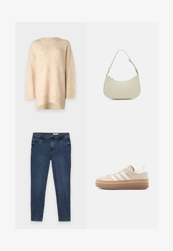 Beige strik sweater med ribbet rund hals, faldne skuldre og en længere rygkant. Blød tekstur med et subtilt mønster.; Mørkeblå denim jeans med slim fit, fem lomme-design og guld stikninger. Har en lynlås og knap lukning. Glat tekstur.; Beige ruskindsneaker med hvide læderdetaljer, der har tre hvide striber, et gyldent logo og en tyk, gennemsigtig gummisål.; Pieces PCALUANA SHOULDER BAG - Håndtasker - birch