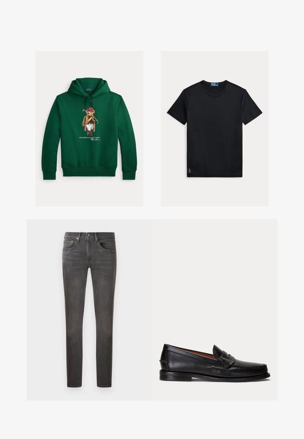 Grøn hættetrøje i bomuld med en grafik af en bjørn i en brun frakke med en rød hat, der holder en golfkølle, og hvide bukser. Signaturlogo nedenunder.; Sort T-shirt med korte ærmer og rund hals, med en lille broderet Polo Ralph Lauren-logo nær nederste kant på en hvid baggrund.; Mørkegrå denimjeans med en klassisk pasform, fem-lomme design og subtilt slitageffekt, med knaplukning og lynlås.; Sort læderloafer med lav hæl og pennyremdetalje, vist fra siden på en lysegrå baggrund.