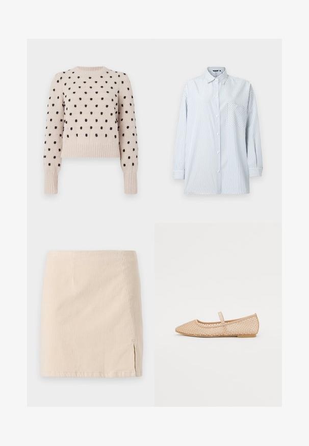 Pull léger beige avec des pois noirs, col rond côtelé et poignets, texture douce, coupe courte et manches longues.; Chemise boutonnée à rayures verticales bleu clair et blanc, manches longues, poche poitrine, en tissu lisse, et dotée d'un col classique.; Jupe mini en velours côtelé beige avec une texture à côtes verticales, dotée d'une fente sur le côté pour un détail supplémentaire. L'ourlet est droit et cousu de manière uniforme.; Ballerines en filet nude avec un nez pointu, des strass décoratifs et une semelle plate. Elles présentent une petite sangle sur le cou-de-pied.