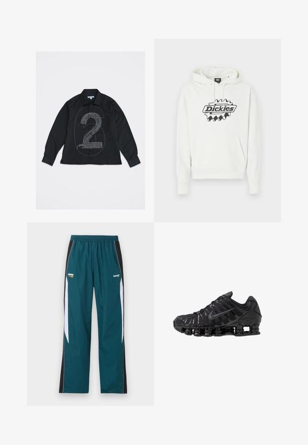 Sweat à capuche blanc avec un grand logo noir "Dickies", doté d'une capuche à cordon, d'une poche kangourou et de poignets et ourlet côtelés. Texture douce.; Chemise noire à manches longues avec boutons, ornée d'un grand numéro 6 en contour et d'un design texturé du numéro 2 en texte blanc sur le devant.; Pantalon de survêtement bleu sarcelle avec panneaux latéraux noirs et blancs, taille élastique, et petits logos "moto" et "bareen" sur les cuisses supérieures.; Chaussures de sport noires en mesh et matériaux synthétiques, présentant un design ondulé distinct, une semelle en caoutchouc noire et des accents réfléchissants.