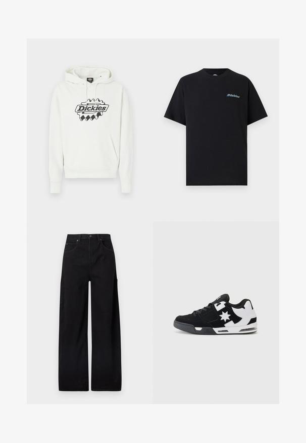 Witte hoodie met een groot zwart "Dickies" logo, voorzien van een verstelbare capuchon met trekkoord, een kangoeroezak en geribbelde boorden en zoom. Zachte textuur.; Zwart T-shirt met korte mouwen en ronde hals, met een klein, kleurrijk "Dickies"-logo op de linkerborst tegen een effen achtergrond.; Zwarte wijde broekspijpen gemaakt van katoenen denim, met een hoge taille, twee voorzakken en een zijzak met klep voor extra functionaliteit.; Zwarte en witte sneaker van suede en mesh materiaal. Voorzien van een prominent sterrenlogo en gedurfde accenten op de zijkant, met een gevoerde zool.