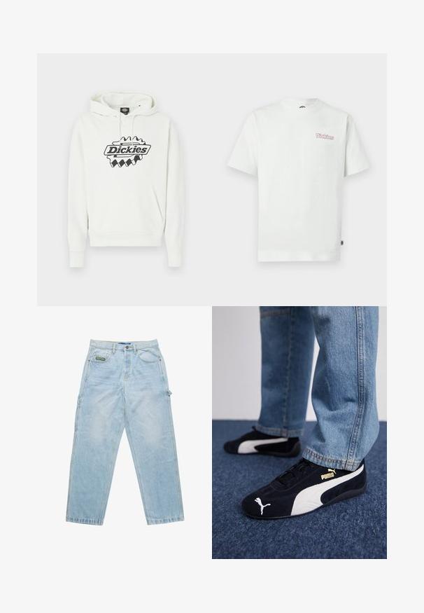 Biela mikina s kapucňou s veľkým čiernym logom "Dickies", vybavená kapucňou so šnúrkou, klokanie vrecko a rebrovanými manžetami a lemom. Mäkká textúra.; Biele bavlnené tričko s krátkymi rukávmi, okrúhlym výstrihom a ružovým logom "Dickies" na ľavej strane hrudníka. Hladká textúra.; Svetlo modré denimové nohavice s voľným strihom, designom s piatimi vreckami a viditeľným šitím. Obsahujú značkovú nálepku na prednom vrecku.; Čierne semišové tenisky s bielymi akcentmi, so zlatým logom. Nosené s svetlomodrými denimovými džínsy a položené na textúrovanej modrej ploche.