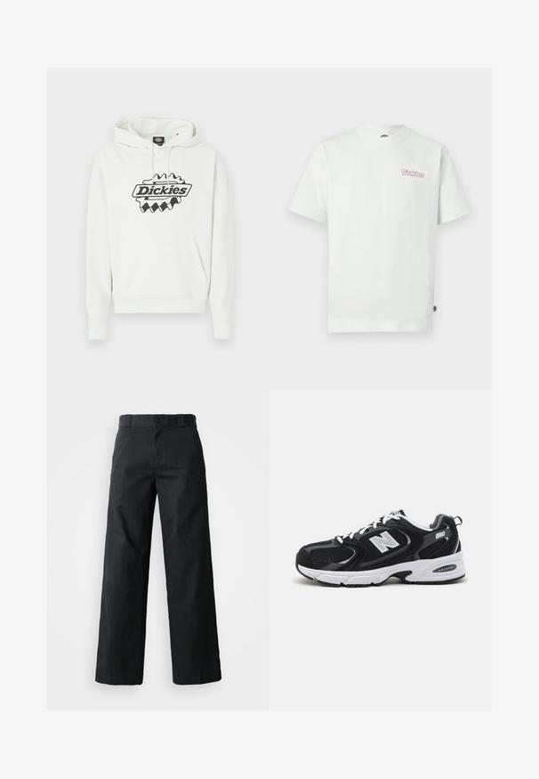 Weißer Hoodie mit einem großen schwarzen "Dickies"-Logo, ausgestattet mit einer Kapuze mit Kordelzug, einer Kängurutasche sowie gerippten Bündchen und Saum. Weiche Textur.; Weißes Baumwoll-T-Shirt mit kurzen Ärmeln, Rundhalsausschnitt und einem pinkfarbenen "Dickies"-Logo auf der linken Brust. Glatte Textur.; Schwarze weit geschnittene Baumwollhose. Verfügt über einen Knopfverschluss, Gürtelschlaufen und Seitentaschen. Glatte Textur mit tailliertem Schnitt.; Schwarze und graue Sportschuhe mit Obermaterial aus Mesh und Wildleder, ausgestattet mit einer weißen Zwischensohle, Schnürsenkeln und einem markanten "N"-Logo an der Seite.