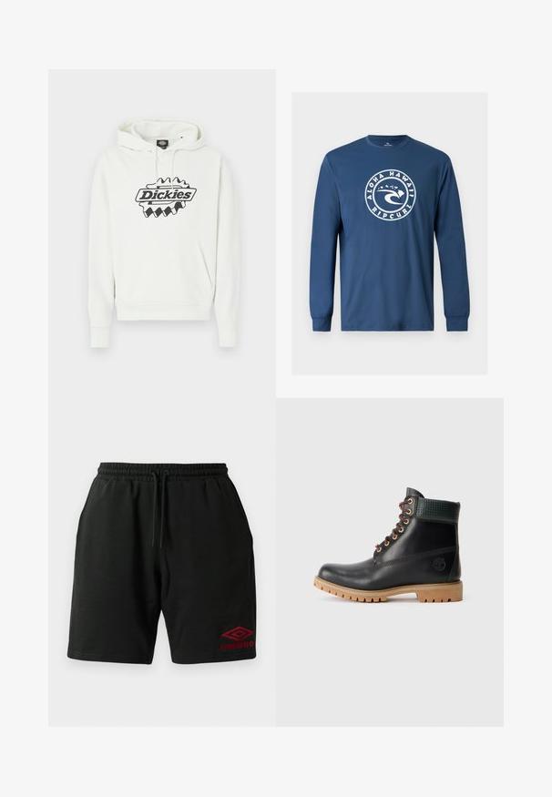 Valge kapuutsiga dressipluus suure musta "Dickies" logoga, millel on nööriga kapuuts, kängurutasku, soonikkoes varrukasääred ja alumine äär. Pehme tekstuur.; Meresinine pika varrukaga särk, millel on valge ümmargune logo, kujutades lainet ja Hawaii saari, ees tekstiga "Aloha Hawaii Rip Curl".; Mustas nööriga lühikesed püksid küljetaskutega ja punane Umbro logo tikandiga vasakul alaküljel.; Mustad mustame nahast pahkluu saapad pruuni paeltega, pehmendatud rohelise krae ja heleda kummist tallaga, millel on sügavad sooned, külgvaates valgel taustal.