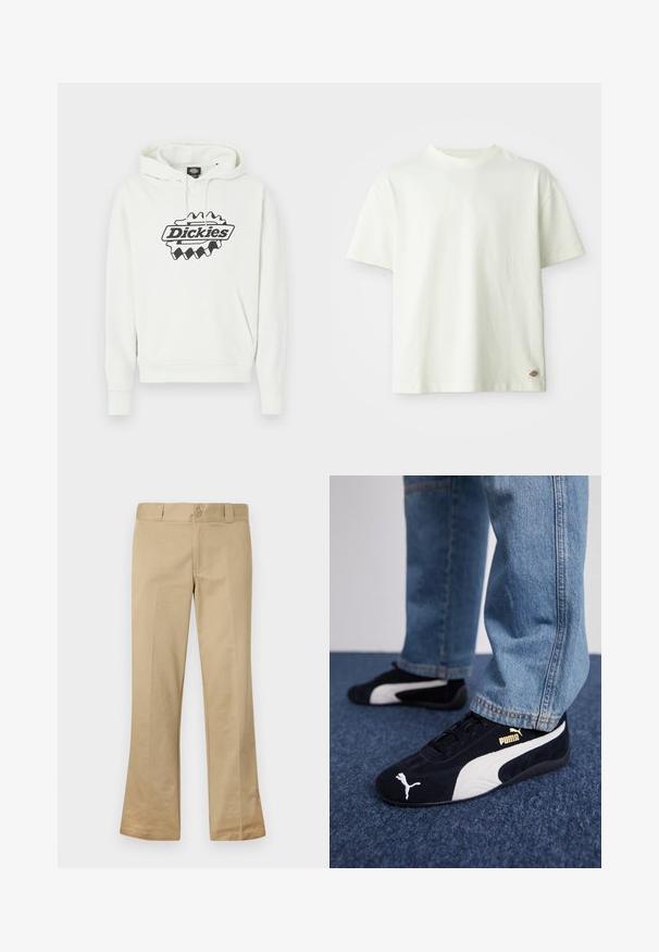 Biela mikina s kapucňou s veľkým čiernym logom "Dickies", vybavená kapucňou so šnúrkou, klokanie vrecko a rebrovanými manžetami a lemom. Mäkká textúra.; Biela bavlnená tričko s okrúhlym výstrihom, krátkymi rukávmi a voľným strihom. Obsahuje malú logovú nášivku na dolnej strane. Hladká textúra.; Béžové rozšírené nohavice vyrobené z bavlneno-zyblendovaného materiálu, s uzatváraním na gombík, pútkami na opasok a hladkým predným dielom.; Čierne semišové tenisky s bielymi akcentmi, so zlatým logom. Nosené s svetlomodrými denimovými džínsy a položené na textúrovanej modrej ploche.