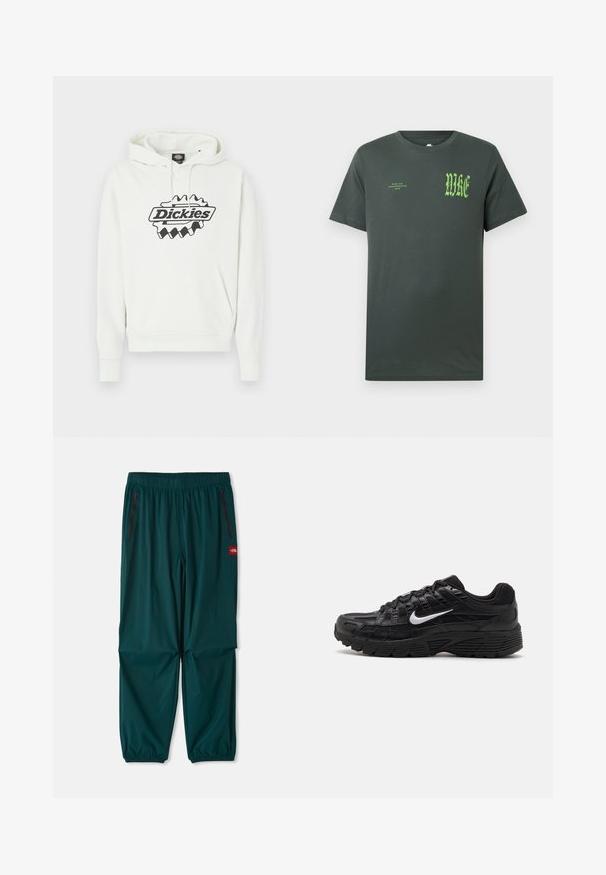 Hvid hættetrøje med stort sort "Dickies"-logo, der har snøre i hætten, kengurulomme samt ribbet kant og manchetter. Blød tekstur.; Mørkegrøn bomuld T-shirt med korte ærmer. Forsiden har stort grønt "NIKE"-logo og mindre tekst, klassisk rund halsudskæring, glat tekstur.; Udendørsbukser i mørk teal, med en elastisk talje, to lynlåslommer på siden og elastiske manchetter ved anklerne. Letvægtsmateriale.; Sorte atletiske sko med en tekstureret mesh-overdel og gummisål. Ikonisk hvid swoosh-logo på siden, med snørebåndsdesign.