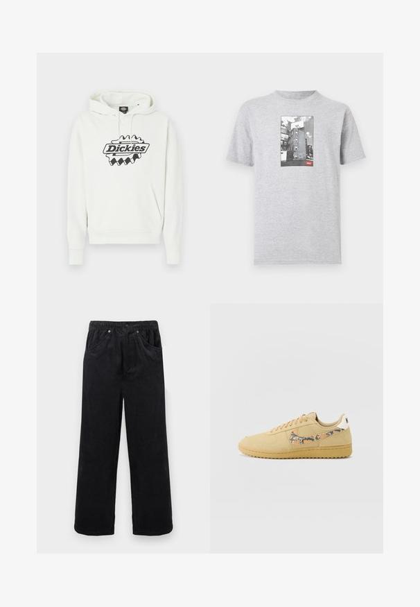 Λευκό φούτερ με μεγάλο μαύρο λογότυπο "Dickies", που διαθέτει κουκούλα με κορδόνι, τσέπη τύπου καγκουρό και ριμπ μανσέτες και τελείωμα. Απαλή υφή.; Ανοιχτό γκρι μπλουζάκι με μαύρο-άσπρη φωτογραφία ενός κτιρίου και μια πινακίδα με ένα στυλιζαρισμένο πρόσωπο πάνω από γκράφιτι, με μια μικρή κόκκινη ετικέτα "obey".; Μαύροι παντελόνια από κορδόνι με φαρδιά μπατζάκια, ελαστική μέση, κούμπωμα με κουμπί και φερμουάρ, καθώς και μπροστινές τσέπες πάνω σε ανοιχτό φόντο.; Καφέ σουέτ αθλητικά παπούτσια με υφή, πορτοκαλί και μαύρη διακοσμητική σχεδίαση στο swoosh, επίπεδα κορδόνια και λευκό τακούνι με το όνομα της μάρκας.