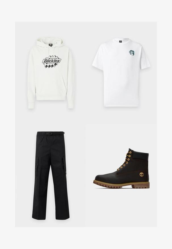 Witte hoodie met een groot zwart "Dickies" logo, voorzien van een verstelbare capuchon met trekkoord, een kangoeroezak en geribbelde boorden en zoom. Zachte textuur.; Wit T-shirt met korte mouwen met een kleine groene bekerafbeelding en het "The North Face" logo op de linkerborst.; Zwarte cargobroek met een wijde pasvorm, een verstelbare tailleband met een gesp en twee zijzakken voor opslag. Lichtgewicht stof.; Zwarte leren enkellaars met gouden oogjes, bruine accenten en een rubberen zool. Heeft een gevoerde kraag en geperst logo aan de zijkant.