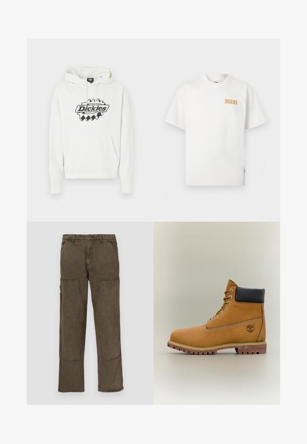 Λευκό φούτερ με μεγάλο μαύρο λογότυπο "Dickies", που διαθέτει κουκούλα με κορδόνι, τσέπη τύπου καγκουρό και ριμπ μανσέτες και τελείωμα. Απαλή υφή.; Λευκό T-shirt με κοντά μανίκια και στρογγυλή λαιμόκοψη, με μικρό πορτοκαλί λογότυπο "DICKIES" στο επάνω αριστερό μέρος του στήθους.; Παντελόνια cargo σε σκούρο καφέ ύφασμα, με πολλαπλές τσέπες, σχεδιασμό με ίσια πόδια, ενισχυμένα μπαλώματα και λεπτομέρειες ραφής.; Καφέ δερμάτινο μποτάκι αστραγάλου με μαύρο γιακά, κίτρινα κορδόνια και ταμπά σόλα. Διαθέτει λογότυπο και λευκή ραφή για λεπτομέρεια. Ανθεκτική εξωτερική σόλα με τραχύ πέλμα.