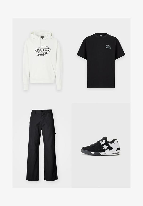 Hvid hættetrøje med stort sort "Dickies"-logo, der har snøre i hætten, kengurulomme samt ribbet kant og manchetter. Blød tekstur.; Sort kortærmet T-shirt lavet af bomuld med et frontgrafisk logo "Dickies" i en kontrasterende lys farve. Standard rund hals design.; Svarte breddebenede bukser fremstillet af holdbart stof. Har en knaplukning og sidelommer. Glat tekstur med et enkelt design.; Sort og hvid sneakers lavet af ruskind og mesh. Har et fremtrædende stjernelogo og dristige detaljer på siden, samt en polstret sål.