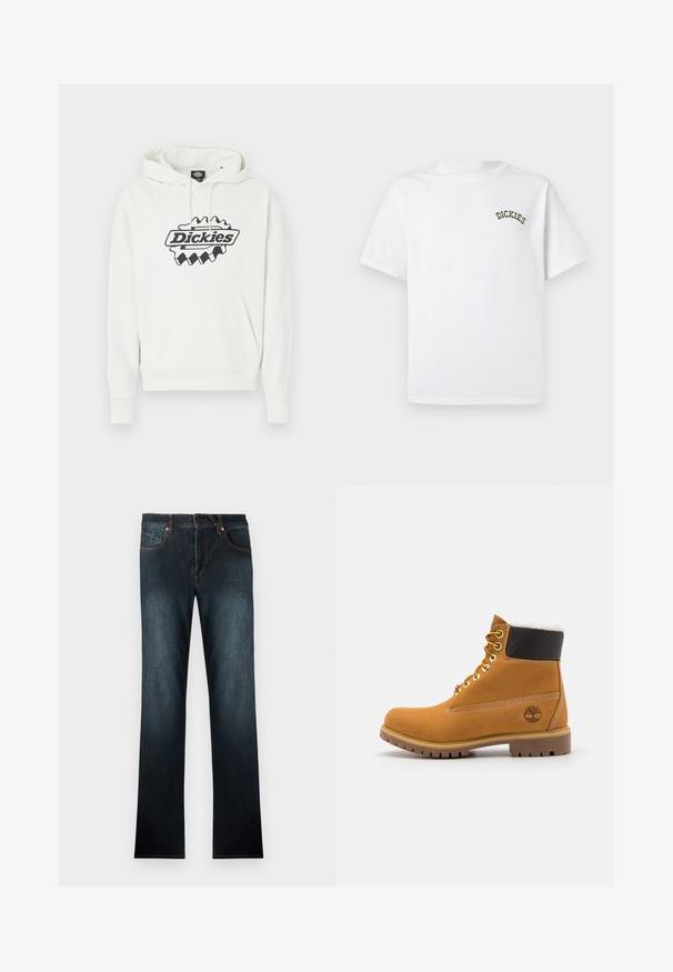 Λευκό φούτερ με μεγάλο μαύρο λογότυπο "Dickies", που διαθέτει κουκούλα με κορδόνι, τσέπη τύπου καγκουρό και ριμπ μανσέτες και τελείωμα. Απαλή υφή.; Λευκό βαμβακερό t-shirt με κοντά μανίκια και στρογγυλή λαιμόκοψη. Διαθέτει πράσινο κεντημένο λογότυπο "DICKIES" στην αριστερή περιοχή του στήθους.; Σκούρο μπλε τζιν από τζιν υλικό με ίσια γραμμή στα πόδια, στυλ με πέντε τσέπες, χάλκινα καρφιά και κούμπωμα με κουμπί. Λείο υφή με ελάχιστη ξεθώριαση.; Καφέ δερμάτινο μποτάκι αστραγάλου με μεταλλικές υποδοχές, λευκή γούνινη επένδυση, μαύρο μαλακό περιλαίμιο, ανθεκτική σόλα και ανάγλυφο λογότυπο στο πλάι.