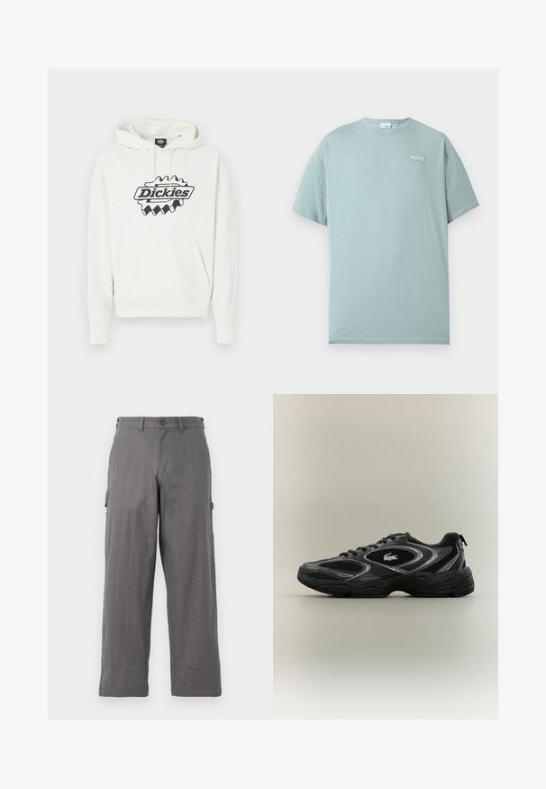 Sweat à capuche blanc avec un grand logo noir "Dickies", doté d'une capuche à cordon, d'une poche kangourou et de poignets et ourlet côtelés. Texture douce.; T-shirt bleu clair à manches courtes et col rond avec un petit logo blanc Columbia sur le côté gauche de la poitrine, sur un fond blanc uni.; Pantalons cargo gris avec une coupe droite, fabriqués en tissu durable. Comprend des poches latérales et une fermeture à bouton à la taille.; Baskets de sport noires et grises avec des panneaux en mesh, un design à lacets, une semelle épaisse et un petit logo de crocodile sur le côté.