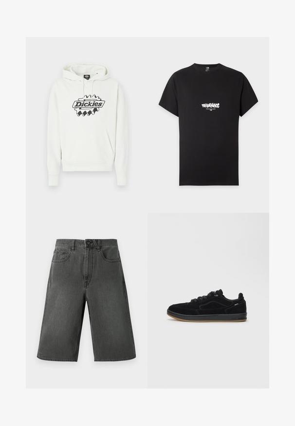 Λευκό φούτερ με μεγάλο μαύρο λογότυπο "Dickies", που διαθέτει κουκούλα με κορδόνι, τσέπη τύπου καγκουρό και ριμπ μανσέτες και τελείωμα. Απαλή υφή.; Μαύρο κοντομάνικο T-shirt με λευκό λογότυπο "The North Face" και κείμενο "Never Stop Exploring" κεντραρισμένα στο στήθος.; Σκούρα γκρι σορτς από τζιν με άνετη εφαρμογή, κλείσιμο με κουμπί, θηλιές για ζώνη και δύο εμπρόσθιες τσέπες. Ομαλή υφή, μήκος μέχρι το γόνατο.; Μαύρα σουέτ αθλητικά παπούτσια με λείο καουτσούκ πέλμα, featuring ένα σχέδιο χαμηλού προφίλ, στρογγυλά κορδόνια και διακριτικές ραφές.