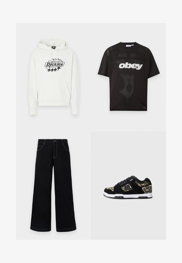 Weißer Hoodie mit einem großen schwarzen "Dickies"-Logo, ausgestattet mit einer Kapuze mit Kordelzug, einer Kängurutasche sowie gerippten Bündchen und Saum. Weiche Textur.; Schwarzes kurzärmeliges Mesh-T-Shirt mit weißem „obey“-Logo auf der Brust, Rundhalsausschnitt und entspannter Passform.; Schwarze weit geschnittene Jeanshose aus Denim, mit Knopfverschluss, fünf Taschen und kontrastierendem weißen Nähten entlang der Nähte.; Schwarze Wildledersneaker mit Camouflage-Muster an der Seite, weißer Mittelsohle und schwarzer Gummisohle. Mit Schnürsenkeln und Logodetail an der Seite.