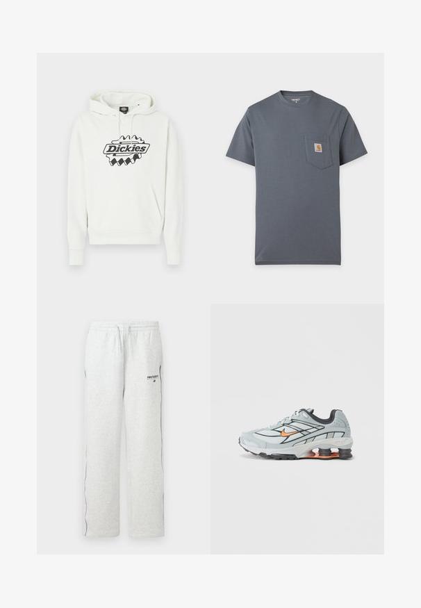Λευκό φούτερ με μεγάλο μαύρο λογότυπο "Dickies", που διαθέτει κουκούλα με κορδόνι, τσέπη τύπου καγκουρό και ριμπ μανσέτες και τελείωμα. Απαλή υφή.; Γκρι κοντομάνικο T-shirt με μπροστινή τσέπη που διαθέτει μικρό τετράγωνο λογότυπο Carhartt στο στήθος.; Αθλητικές φόρμες New Balance σε ανοιχτό γκρι με ελαστική μέση και σκούρες ρίγες κατά μήκος των εξωτερικών πλευρών των ποδιών.; Ανοιχτό γκρι αθλητικό παπούτσι με μαύρες λεπτομέρειες, πορτοκαλί λογότυπο, διχτυωτό επάνω μέρος, επενδεδυμένο κολάρο και λαστιχένια σόλα με ορατές μονάδες απορρόφησης κραδασμών.