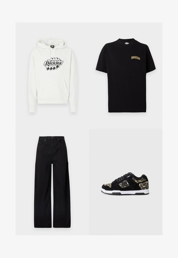 Sudadera con capucha blanca con un gran logo negro de "Dickies", que cuenta con capucha con cordón, bolsillo tipo canguro y puños y dobladillo acanalados. Textura suave.; Camiseta negra de manga corta con cuello redondo y pequeño logo amarillo "Dickies" en el pecho izquierdo.; Pantalones anchos de pierna negra hechos de mezclilla de algodón, con cintura alta, dos bolsillos delanteros y un bolsillo lateral tipo cargo para mayor funcionalidad.; Zapatilla de ante negra con patrón de camuflaje en el lateral, media suela blanca y suela exterior de goma negra. Presenta cordones y detalle del logo en el lateral.