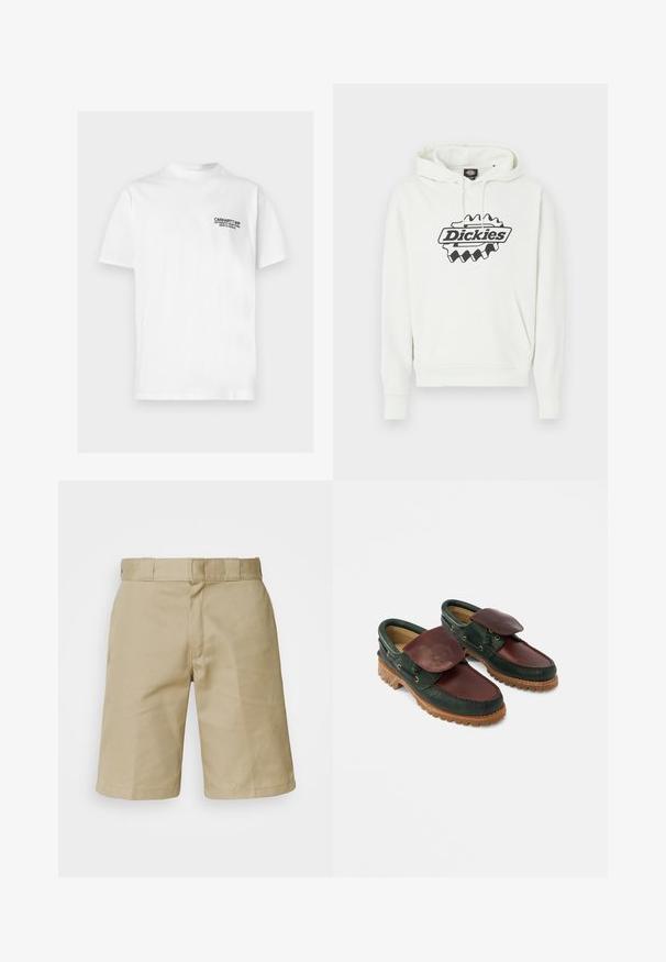 Λευκό φούτερ με μεγάλο μαύρο λογότυπο "Dickies", που διαθέτει κουκούλα με κορδόνι, τσέπη τύπου καγκουρό και ριμπ μανσέτες και τελείωμα. Απαλή υφή.; Λευκό κοντομάνικο μπλουζάκι με μαύρο κείμενο "Carhartt WIP Authentic Adaptations New Classics" στην αριστερή πλευρά του στήθους.; Καφέ σορτς με επίπεδη μπροστινή σχεδίαση, ραμμένο λάστιχο στη μέση με θηλιές ζώνης και δύο πλαϊνές τσέπες. Κατασκευασμένα από ελαφρύ ύφασμα.; Δερμάτινα παπούτσια με σκούρο πράσινο σώμα και μπορντό πάνω μέρος, στρογγυλή μύτη, ασφαλισμένο καπάκι και υφή στην ελαστική σόλα με ραβδώσεις.