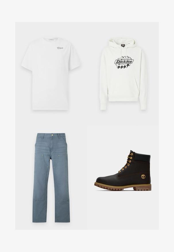 Hvid hættetrøje med stort sort "Dickies"-logo, der har snøre i hætten, kengurulomme samt ribbet kant og manchetter. Blød tekstur.; Hvid bomulds t-shirt med korte ærmer, rund hals, med et sort "Pompeii" logo på venstre bryst. Blød, glat tekstur.; Blå denimbukser med lige ben, højtaljet, forlommer og forstærket syning på lår og knæ, lagt fladt på en hvid baggrund.; Sorte læder ankelstøvle med gyldne øjer, brune detaljer og gummisål. Har en polstret krave og præget logo på siden.