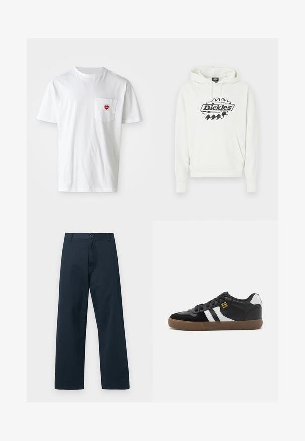 Hvid hættetrøje med stort sort "Dickies"-logo, der har snøre i hætten, kengurulomme samt ribbet kant og manchetter. Blød tekstur.; Hvid bomulds T-shirt med rund halsudskæring og korte ærmer. Har et lille rødt hjerte-logo på venstre brystlomme.; Marineblå vidde bukser med bæltestropper, knaplukning og frontlynlås på hvid baggrund.; Sorte og hvide sneakers med overdel i ruskind og læder, der har hvide striber, sorte snørebånd og en brun gummisål. Guld logo detaljer.