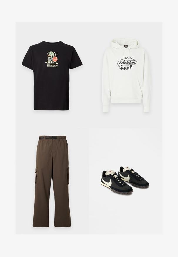 Biela mikina s kapucňou s veľkým čiernym logom "Dickies", vybavená kapucňou so šnúrkou, klokanie vrecko a rebrovanými manžetami a lemom. Mäkká textúra.; Čierne bavlnené tričko s farebnou grafickou potlačou ananásu a čerešní, text znie "Stance Community Run Club." Krátke rukávy.; Hnedé cargo nohavice s voľným strihom, elastickým pásom a dvoma bočnými vreckami. Sú vybavené čiernym opaskom s vzorom, hladkou textúrou.; Čierne športové topánky s textúrovaným zvrškom, bielym logom Swoosh a gumovou podrážkou s malými hrotmi pre lepšiu trakciu. Krémový golier.