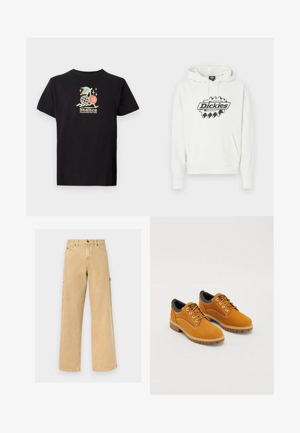 Hvid hættetrøje med stort sort "Dickies"-logo, der har snøre i hætten, kengurulomme samt ribbet kant og manchetter. Blød tekstur.; Sort bomulds t-shirt med et farverigt grafisk print af en ananas og kirsebær, teksten lyder "Stance Community Run Club." Korte ærmer.; Beige arbejdsbukser med lige ben, bæltestropper, for- og sidelommer samt en hammerløkke på en ensfarvet baggrund.; Brune ruskindssko med rund tå, gule snørebånd, en polstret sort krave og gummisåler med skridsikre riller.