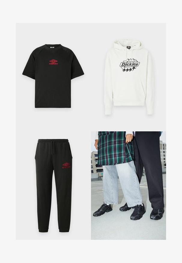 Valge kapuutsiga dressipluus suure musta "Dickies" logoga, millel on nööriga kapuuts, kängurutasku, soonikkoes varrukasääred ja alumine äär. Pehme tekstuur.; Must alusseigiga T-särk musta värvi, lühikeste varrukatega, mille rinnal on keskel punane Umbro logo, valge tausta taustal.; Mustad mustad püksid elastse vöökoha ja mansettidega, küljetaskud ja punane Umbro logo vasakul reiel.; Mustad mustad jalanõud, millel on võrkkangast ja kummist aktsendid. Kannab heledat halli laiade jalgadega teksapükse ja ruudulist rohelisest topi. Lame pind taust.