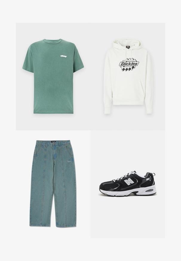 Λευκό φούτερ με μεγάλο μαύρο λογότυπο "Dickies", που διαθέτει κουκούλα με κορδόνι, τσέπη τύπου καγκουρό και ριμπ μανσέτες και τελείωμα. Απαλή υφή.; Πράσινο κοντομάνικο μπλουζάκι από βαμβάκι, με κλασική λαιμόκοψη και λευκό λογότυπο "obey" στο αριστερό στήθος. Λείος υφή.; Ανοιχτό μπλε τζιν παντελόνι χωρίς φθορές με ευθεία γραμμή, διαθέτοντας μπροστινές τσέπες και διακριτό κεντημένο λογότυπο κοντά στη μέση.; Μαύρα και γκρι αθλητικά παπούτσια με ανώτερο μέρος από δίχτυ και σουέτ, διαθέτοντας λευκή ενδιάμεση σόλα, κορδόνια και έντονο λογότυπο "N" στο πλάι.