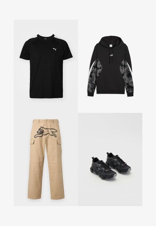 Sort hættetrøje med camo-mønstret grå og sorte ærmer, hvide stribeaccents, snore og lille hvid Puma-logo på brystet.; Sort kortærmet t-shirt med hvide accentstriber på skuldrene, rund halsudskæring og lille hvidt logo på venstre bryst. Blødt stof, klassisk pasform.; Beige cargobukser med to sidelommer, en afslappet pasform og en fremtrædende sort grafik af en springende figur på forsiden.; Sorte sportssko med en tekstureret mesh-overdel, der har en kraftig sål, snørebåndslukning og diskrete grå accenter.
