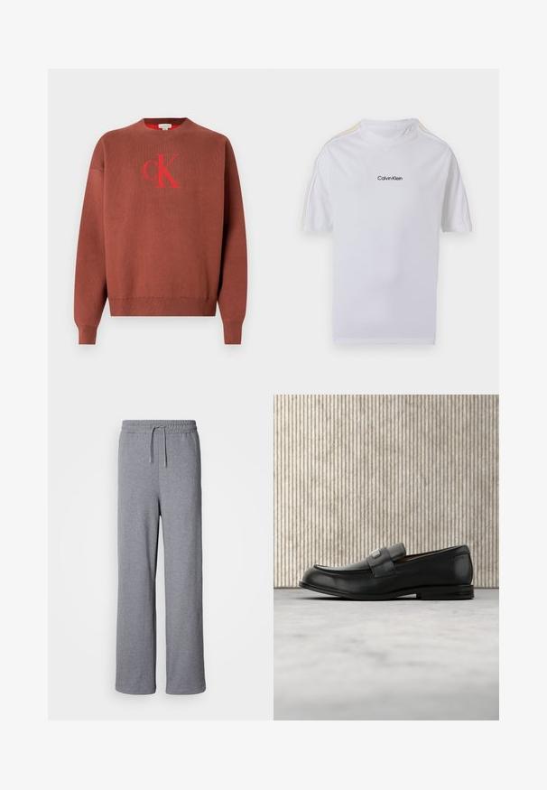Brun strikket sweater med rund halsudskæring, med en rød "CK"-logo på forsiden. Ribstrikkede manchetter og kant, glat tekstur.; Hvid T-shirt med korte ærmer og Calvin Klein-logo midt på brystet samt diskrete gule striber langs skuldre og ærmer.; Grå, brede sweatpants lavet af blødt materiale; har en elastisk talje med snøre og ingen lommer. Enkelt, udekoreret design.; Sort læderloafer med metalbrandskilt hvilende nær et brunt rundt bord på beige tæppe.
