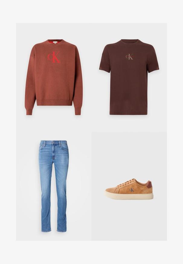 Jersey de punto marrón con cuello redondo, que presenta un logo rojo "CK" en la parte delantera. Puños y dobladillo acanalados, textura suave.; Camiseta de algodón marrón con mangas cortas, que presenta un logo en el pecho en gris y rojo, cuello redondo y un ajuste relajado.; Vaqueros de mezclilla azul para hombre con corte recto, bolsillos delanteros y traseros, y una pequeña etiqueta de Calvin Klein cerca del bolsillo delantero derecho.; Zapatilla de ante color canela con suela de goma beige, con acentos marrones y un pequeño logo azul en el costado. Diseño clásico con cordones.