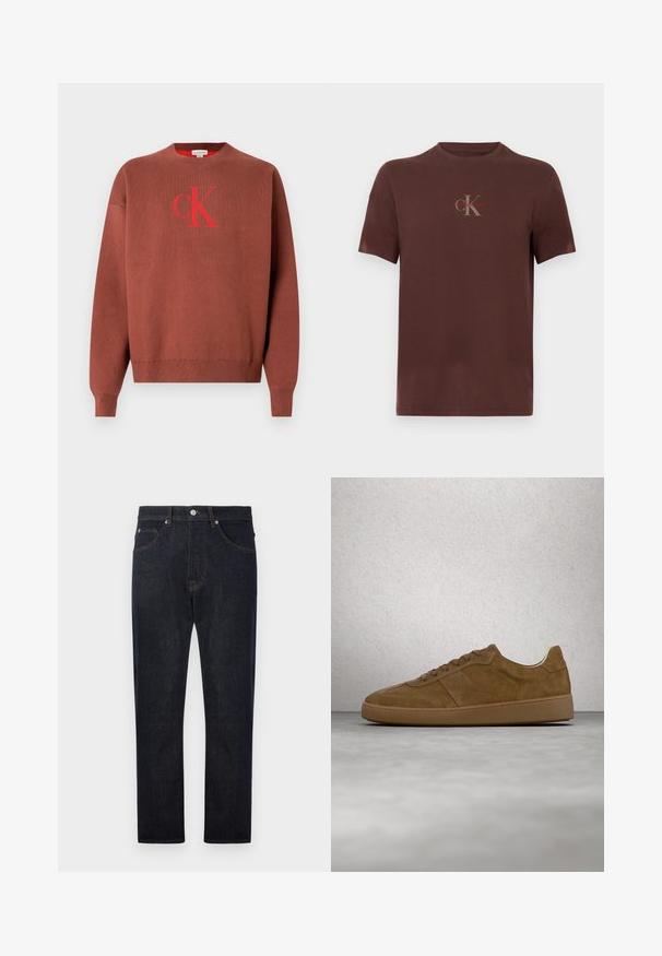 Brun strikket sweater med rund halsudskæring, med en rød "CK"-logo på forsiden. Ribstrikkede manchetter og kant, glat tekstur.; Brun bomuld t-shirt med korte ærmer, med et brystlogo i grå og rød, rund halsudskæring og en afslappet pasform.; Mørkeblå denimjeans med lige ben-design, der har fem lommer, kontrastfarvet orange syninger og en knaplukning i taljen.; Brun ruskindsneaker med tanfarvede snørebånd og gummisål. Har en rundet snude og synlige stikninger på overdelen. Letvægtsdesign.