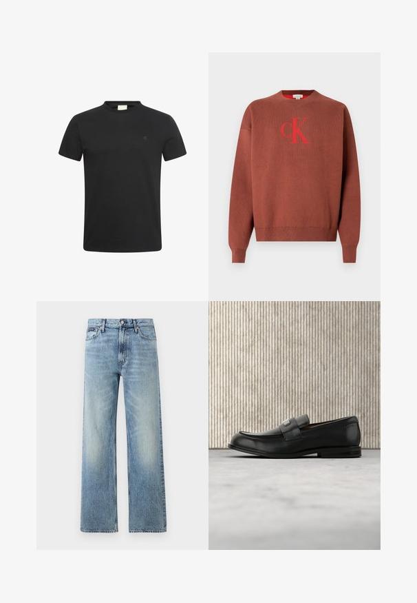 Bruine gebreide trui met een ronde hals, voorzien van een rood "CK" logo op de voorkant. Geribbelde manchetten en zoom, gladde textuur.; Zwart T-shirt met korte mouwen en ronde hals met een klein subtiel "cK" logo op de linkerborst.; Lichtblauwe denim jeans met rechte pijpen, een hoge taille, vijf zakken, knoopsluiting en subtiele vervaging op de dijen en knieën.; Zwarte leren loafer met een metalen merktekenplaatje, rustend bij een bruine ronde tafel op een beige tapijtvloer.