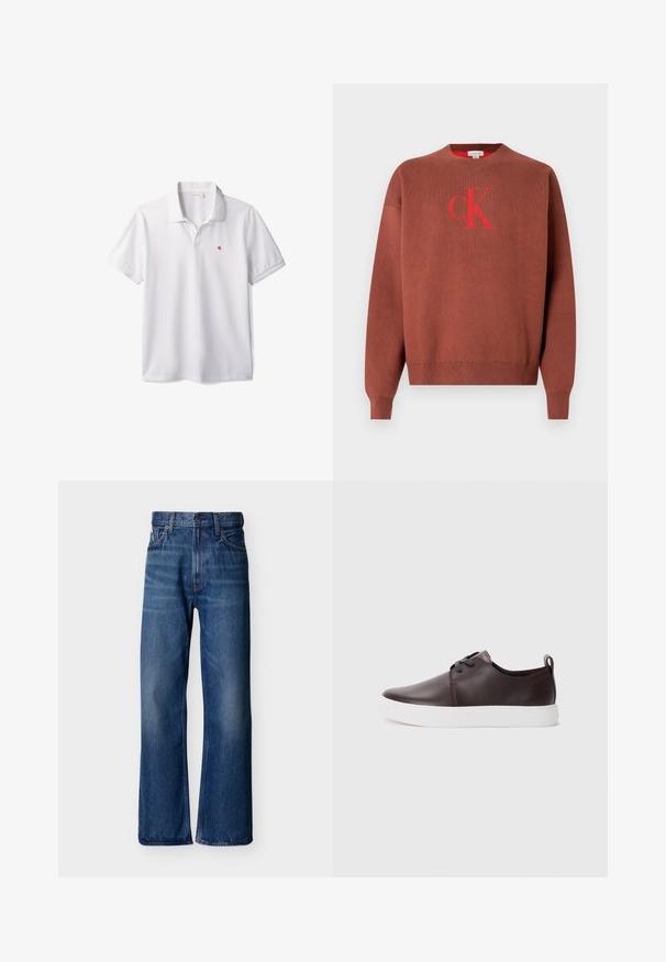 Pull en maille marron avec un col rond, présentant un logo "CK" rouge sur le devant. Poignets et ourlet côtelés, texture lisse.; Polo blanc à manches courtes avec col et petit logo rouge "cK" sur la poitrine gauche.; Jeans en denim bleu à taille haute, coupe large, style cinq poches et effet légèrement délavé. Logo Calvin Klein sur la ceinture.; Baskets en cuir marron avec une finition lisse, semelle en caoutchouc blanche, bout rond et design à lacets. Comprend une languette au niveau du talon.