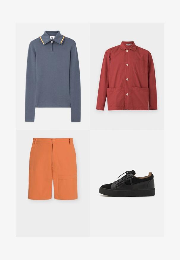 Polo à manches longues bleu avec col zippé, présentant un col à rayures contrastées en rouge, jaune et vert. Texture en maille lisse.; Veste à manches longues couleur rouge rouille avec boutons, col, une poche poitrine et deux poches frontales basses, posée à plat sur fond blanc.; Short orange longueur genou avec fermeture par bouton et zip, passants de ceinture et grande poche latérale sur la jambe droite.; Giuseppe Zanotti DOUBLE ZIP - Baskets basses - black