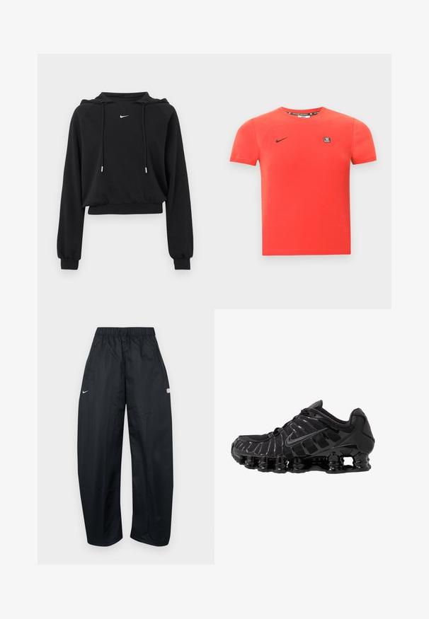 Zwarte cropped hoodie met lange mouwen, capuchon met trekkoord, geribbelde manchetten en tailleband, met klein wit Nike-logo op de borst.; Rood katoenen T-shirt met korte mouwen, met een zwart Nike-logo en een klein merklabel op de borst. Eenvoudige ronde halslijn.; Zwarte, loszittende trainingsbroek gemaakt van lichtgewicht materiaal. Voorzien van een elastische tailleband, verstelbaar trekkoord en logo-accenten.; Zwarte sportieve schoen met mesh-bovenwerk en glanzende overlays. Bevat afgeronde spoelvering en textuur lijnen aan de zijkant. Nike-logo zichtbaar.