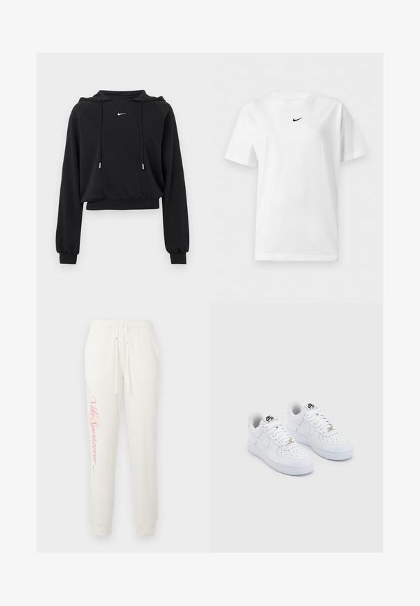 Sort cropped hættetrøje med lange ærmer, snøre i hætten, ribkant ved ærmer og talje, med lille hvid Nike-logo på brystet.; Hvid t-shirt med korte ærmer og rund halsudskæring med et lille sort Nike Swoosh-logo centreret nær kraven.; Hvide sweatpants med en tætsiddende design, prydet med et pink "Nike Sportswear" logo på det venstre ben og elastisk talje med snore.; Hvide Nike Air Force 1 sneakers med en glat læderoverdel, perforeret tåboks, hvide snørebånd og sort branding på tungen.