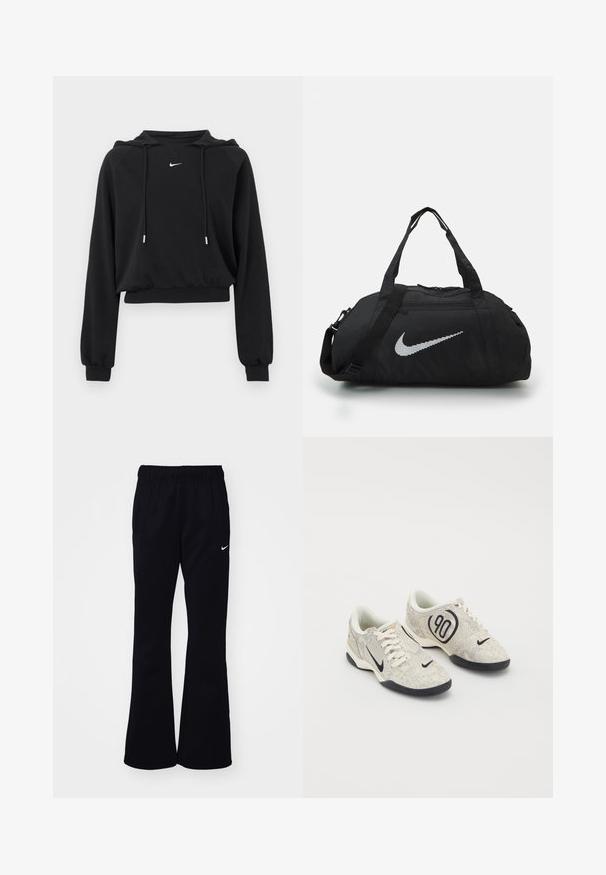 Sudadera negra recortada con mangas largas, capucha con cordón, puños y cinturilla acanalados, y pequeño logo blanco de Nike en el pecho.; Pantalones de chándal negros con una cinturilla elástica, perneras acampanadas, dos bolsillos laterales y un logo de Nike en blanco en el lado izquierdo.; Zapatillas Nike con un upper texturizado en beige y gris, acentos negros, un gran logo de "90" y un cierre de cordones blancos. Suela negra.; Bolsa de deporte negra con un acabado de tela suave. Presenta un prominente logo reflectante de Nike y asas cortas, con una correa de hombro ajustable.