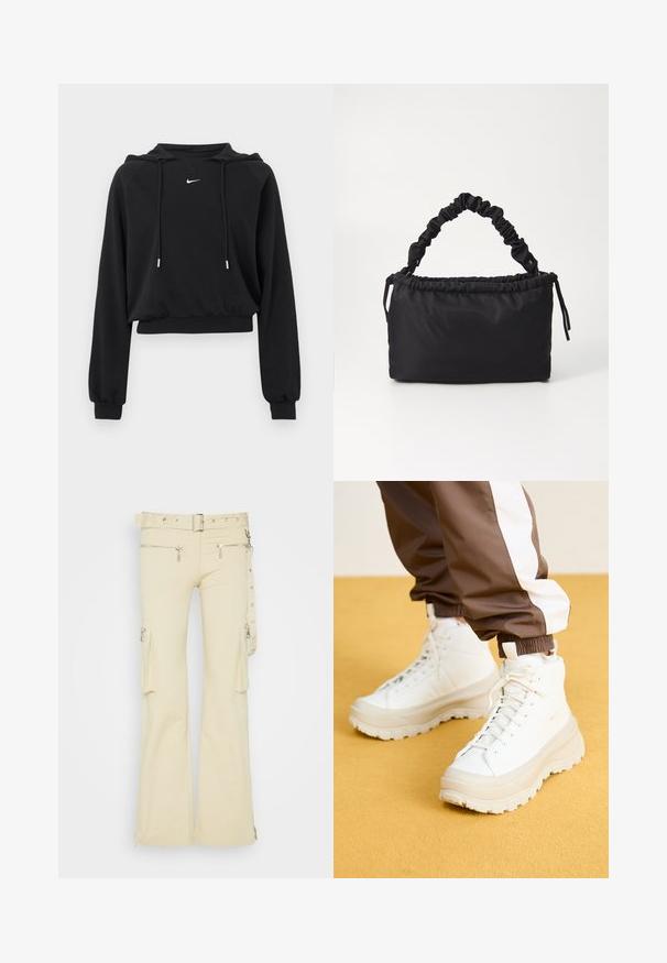 Must kärbitud kapuutsiga dressipluus pikkade varrukatega, nööriga kapuuts, soonikkoes mansetid ja vöökoht, rinnal väike valge Nike logo.; The Ragged Priest FIELD TROUSERS - Kargopüksid - stone; Valged kõrged tossud koos raske, tekstureeritud tallaga, sujuva ülaosa, ümmarguse varbaga ja tonaalsete nööpidega, kollase tausta ees.; Must värvitud must kott, mis on valmistatud pehmest ja siledast kangast. Omab kokku tõmmatud käepidet ja nööriga sulgemist, on ristküliku kujuga ning sellel pole nähtavat metallist osade.