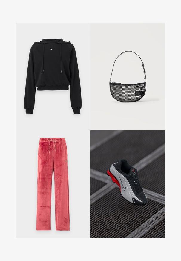 Sort cropped hættetrøje med lange ærmer, snøre i hætten, ribkant ved ærmer og talje, med lille hvid Nike-logo på brystet.; Røde velourbukser med vide ben og snøre i taljen samt lille Nike Swoosh-logo på venstre lår, vist mod en ensfarvet baggrund.; Sort og grå atletisk sko med rød polstret sål, sorte snørebånd og swoosh-logo hvilende på metalgitteroverflade.; Sort mesh halvmåne håndtaske med en kort justerbar læderrem og lynlåslukning på en ensartet lys baggrund.