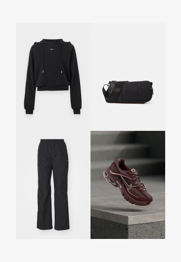 Sort cropped hættetrøje med lange ærmer, snøre i hætten, ribkant ved ærmer og talje, med lille hvid Nike-logo på brystet.; Sorte, letvægtsbukser med elastisk talje og snøre. Har en tekstureret overflade og et lille reflekterende logo på siden.; Bordeauxrød Nike løbesko med meshstof, polstret krave, tyk sål og hvide detaljer. Designet har en rundet tå og markante snørebånd.; Sort quiltet taske med cylindrisk form, lavet af blødt materiale. Har en sort rem og sølvhardware. Lynlås lukning.